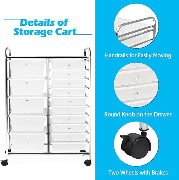 GOFLAME 15-Drawer Rolling Storage Cart, Craft Storage Cart - Image 5