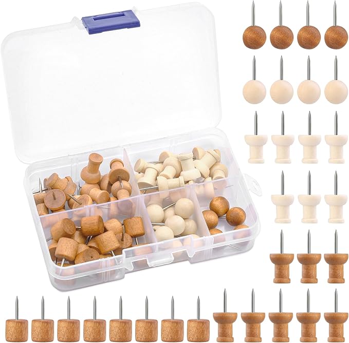 60 Pcs Wood Push Pins, 2 Colors and 5 Types Decorative Thumb Tacks Wooden Head by Imzay
