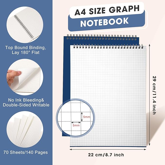 Engrowtic Top Spiral Graph Paper Notebooks 8.7 X11.4 Inch A4 Grid Paper Notepad - Image 2