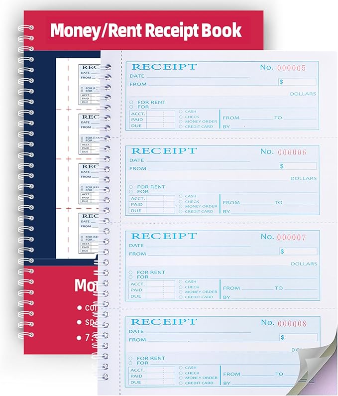 Money Rent Receipt Book, 7.9x11.22 Inches 3 Part Carbonless, Receipt Book by Yeplan