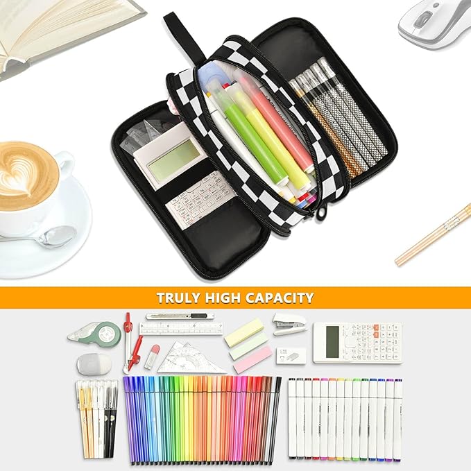 BOENLE Black White Checkered Pencil Case Box Boys Girls Large Pencil Pouch - Image 4