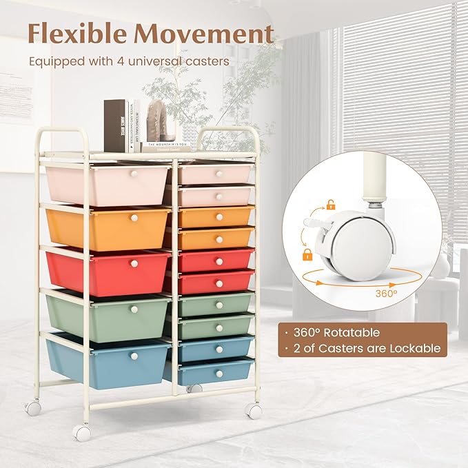 COSTWAY 15 Drawers Storage Cart, Mobile Tools Scrapbook Paper Organizer Cart - Image 5