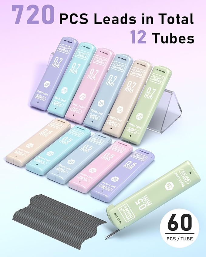 Four Candies 0.5/0.7mm 2B Lead Refills in Case, 12 Tubes, 60 Pieces per Tube - Image 2