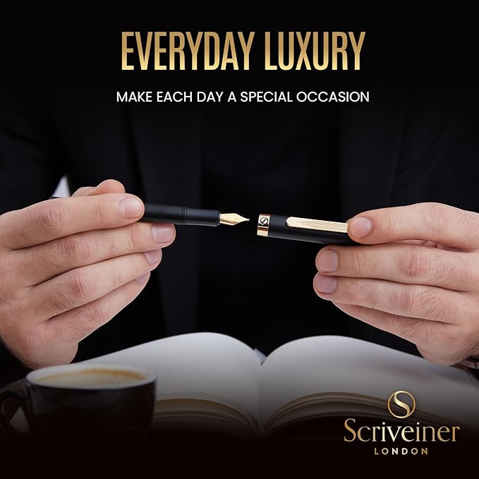 Scriveiner Luxury EDC Fountain Pen, Stunning Luxury Black Pocket Pen, Real Gold - Image 8