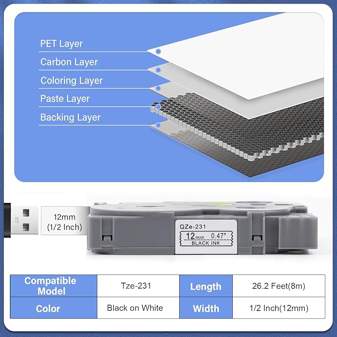 10pack 12mm 0.47'' TZe TZ Tape Laminated White Label Maker Tape Replacement - Image 2
