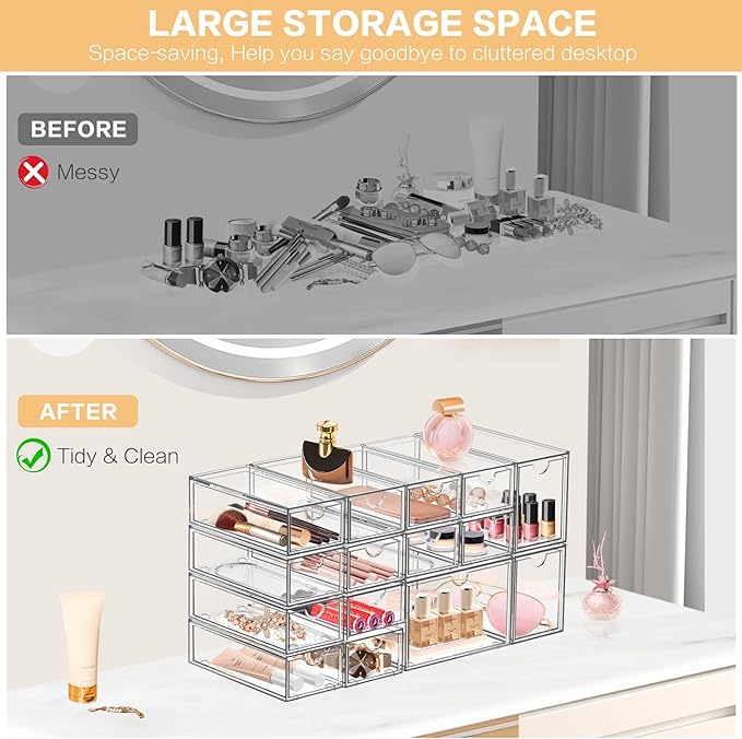 Desk Organizer with 14 Drawers, FODIENS 14 Packs Acrylic Stackable Desktop - Image 7