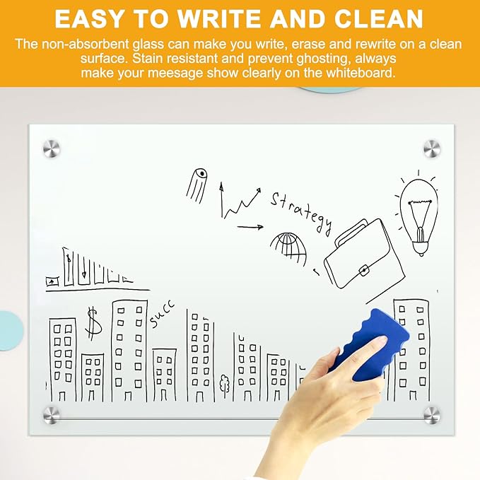 H-Qprobd Dry Erase White Board for Wall 72"x40" Magnetic Glass Frameless - Image 2