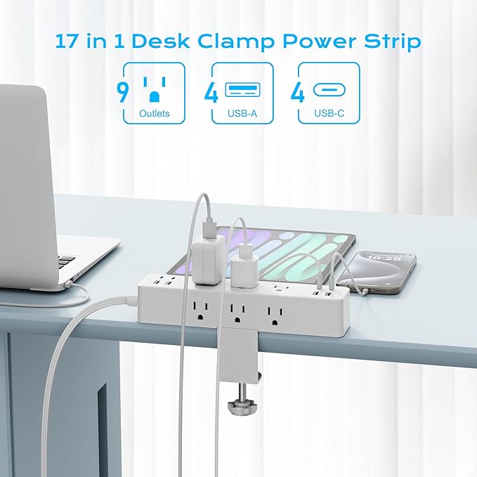 Flat Plug Desk Clamp Power Strip 10FT, 24W Total Charging Station, Desk Edge - Image 2