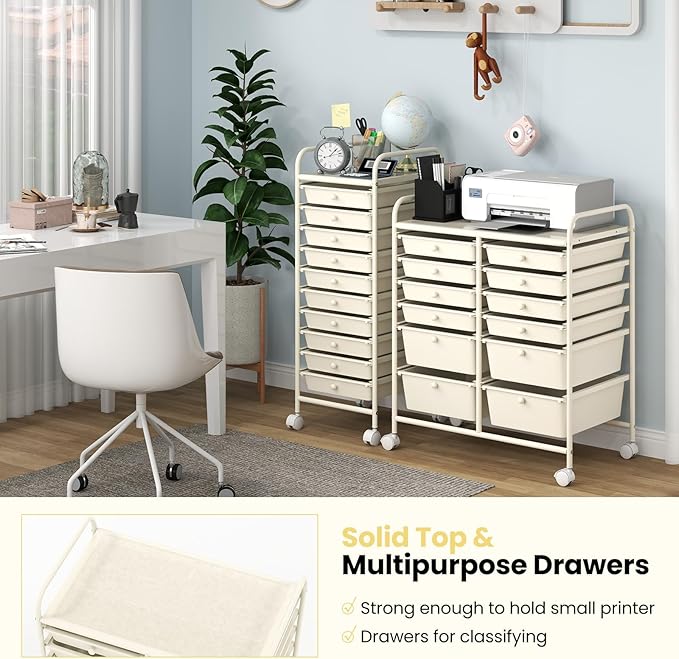 Happygrill 12-Drawer Rolling Storage Cart, 2 Sizes Plastic Drawers & Metal Shelf - Image 3