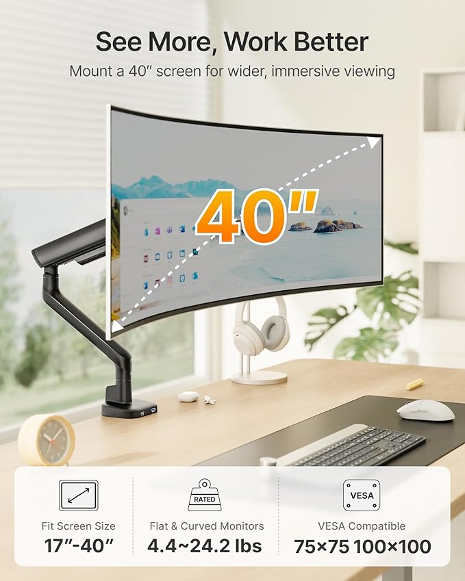 monTEK Single Monitor Arm with USB, Mechanical Spring Monitor Arm - Image 2