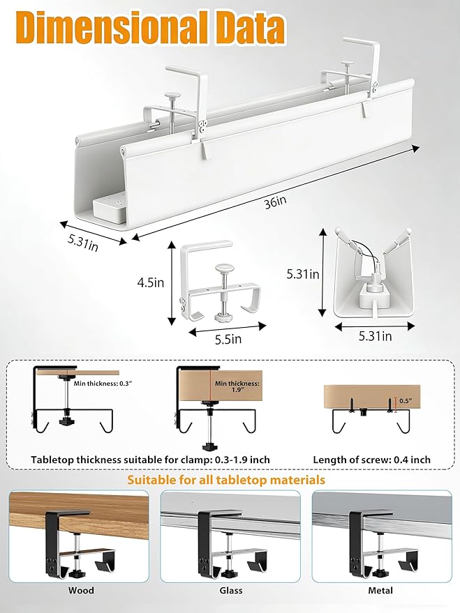 Oxford Cloth Under Desk Cable Management Tray, No-Drill 48" Desk Cable - Image 3