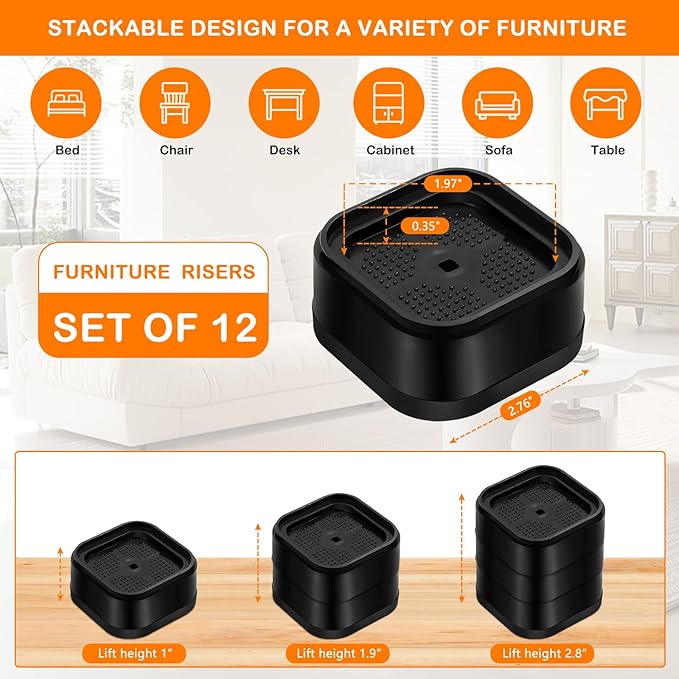 shouwuhho 12 Pack Furniture Risers Adjustable Bed Risers Heavy Duty Lifts - Image 2