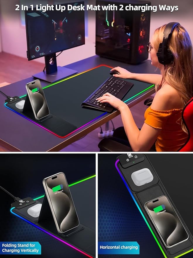 XXL Mouse Pad with Phone Holder, RGB Desk Mat with 15W Fast Charging, LED Large - Image 3