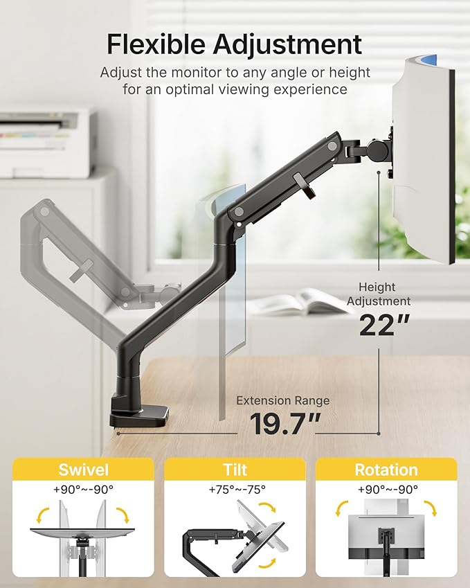 monTEK Single Monitor Arm with USB A/C, Ultrawide Monitor Stand - Image 4