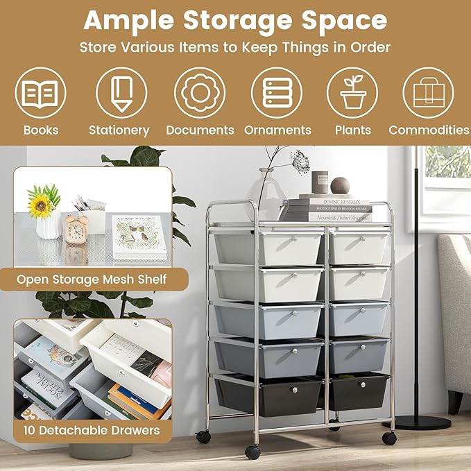 LDAILY 10 Drawer Rolling Cart, Storage Cart Organizer on Wheels, Drawer Cart - Image 5
