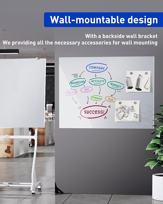 Mobile Glass Whiteboard, 48 x 36 inch Glass Board/w Height Adjustable, Large - Image 9