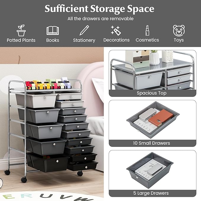 DORTALA 15-Drawer Rolling Storage Cart - Image 5