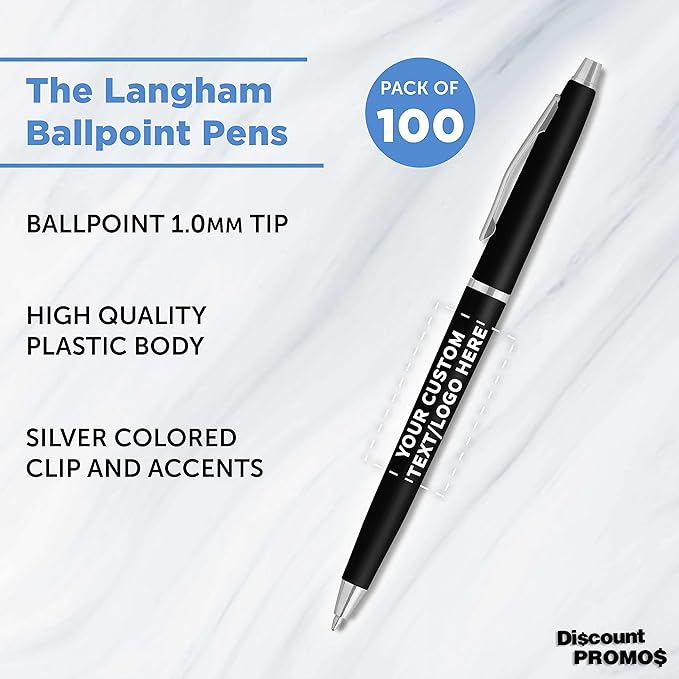 DISCOUNT PROMOS Custom Langham Ballpoint Pens Set of 100, Personalized Bulk Pack - Image 3