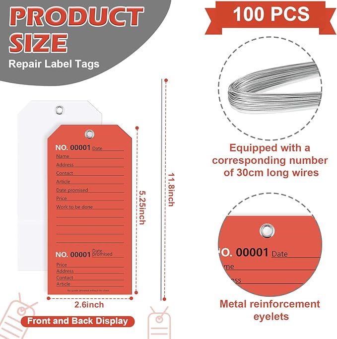 100 Pack Red Repair Tags with Wire Rope Service Repair Tags Numbered with Wire - Image 2