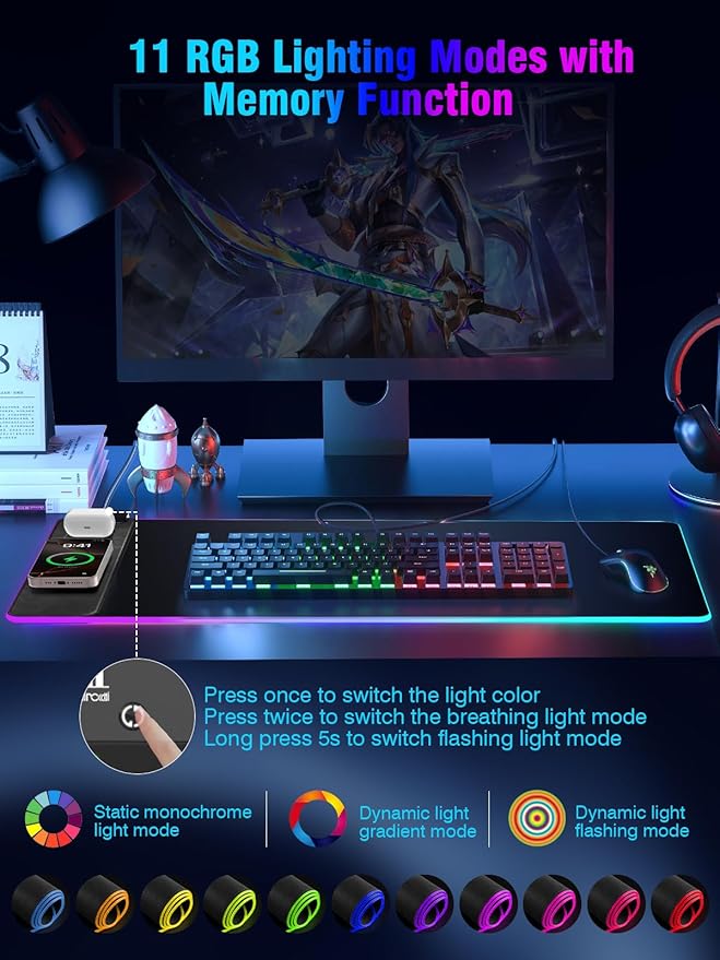 Mouse Pad with Magnetic Wireless Charging, Large Desk Pad Protector, RGB Black - Image 4