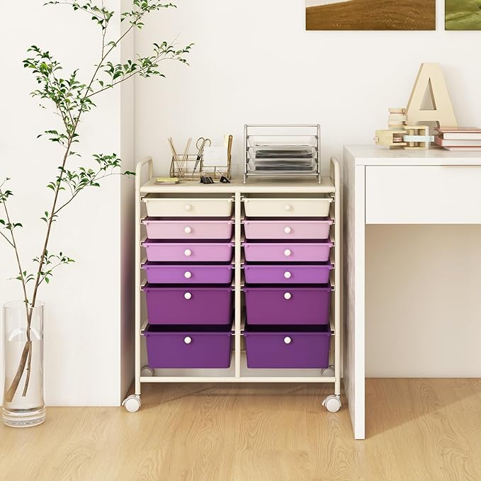 Happygrill 12-Drawer Rolling Storage Cart, 2 Sizes Plastic Drawers & Metal Shelf - Image 3