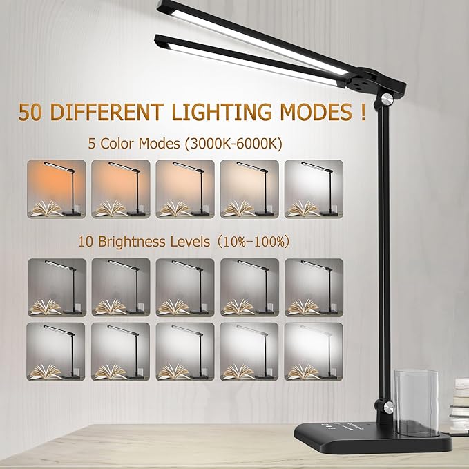 Dimmable LED Desk Lamp with USB Charging Port, 50 Lighting Modes Dual Swing Arm - Image 4