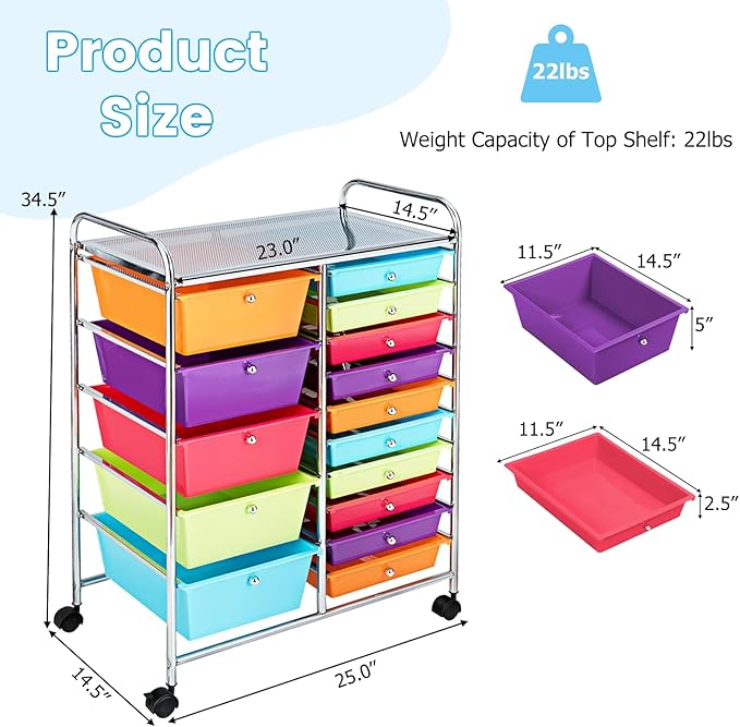 GLACER 15 Drawers Rolling Cart, Storage Cart - Image 3