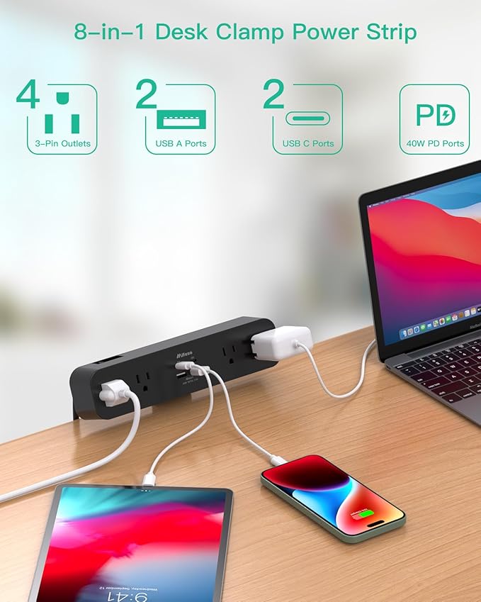 PD40W Desk Clamp Power Strip, Desktop Mount Surge Protector, Fast Charging - Image 2