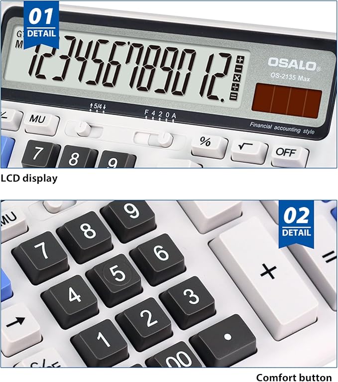 Desktop Calculator Extra Large LCD Display 12-Digit Big Number Accounting - Image 3