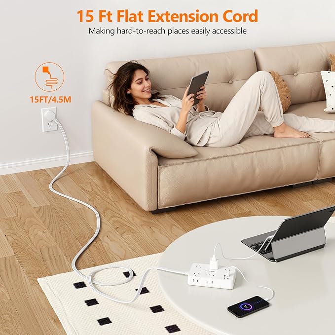 Surge Protector Power Strip 10 FT Flat Extension Cord ，10 AC Outlets & 4 USB - Image 7