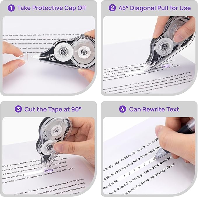 JEFURE 4 Pcs Correction Tape, 39.37 Ft White Wrong Out Tear-Resistant Bulk - Image 4