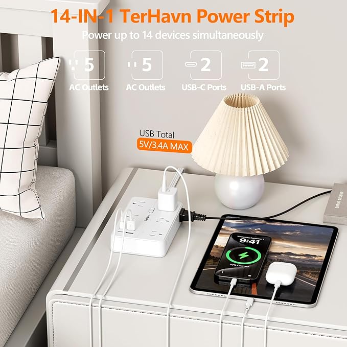 Surge Protector Power Strip 10 FT Flat Extension Cord ，10 AC Outlets & 4 USB - Image 2