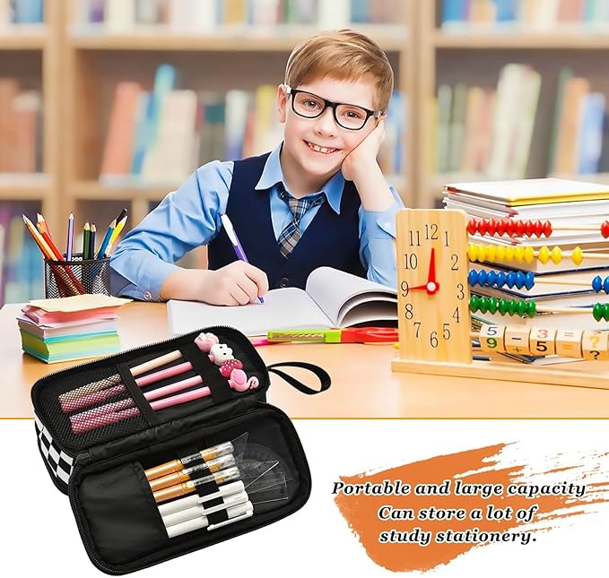 BOENLE Black White Checkered Pencil Case Box Boys Girls Large Pencil Pouch - Image 5