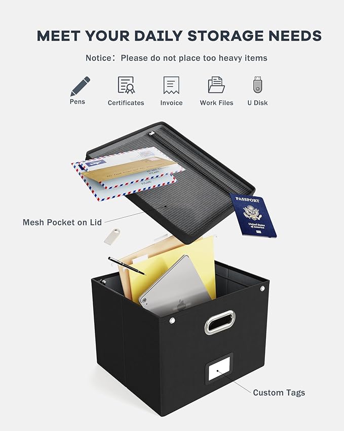 Oterri File Organizer Box with Lid, Large Hanging Filing Box with Mesh Pocket - Image 4