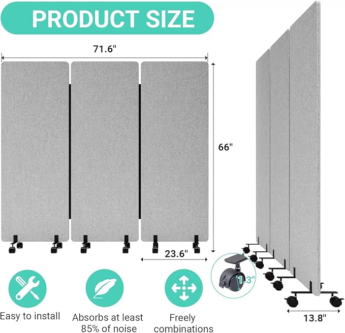 Soundproof Room Divider W/Wheels, 66in Office Dividers - Image 4