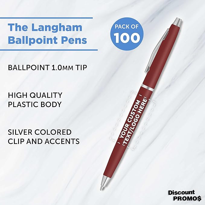 DISCOUNT PROMOS Custom Langham Ballpoint Pens Set of 100, Personalized Bulk Pack - Image 3
