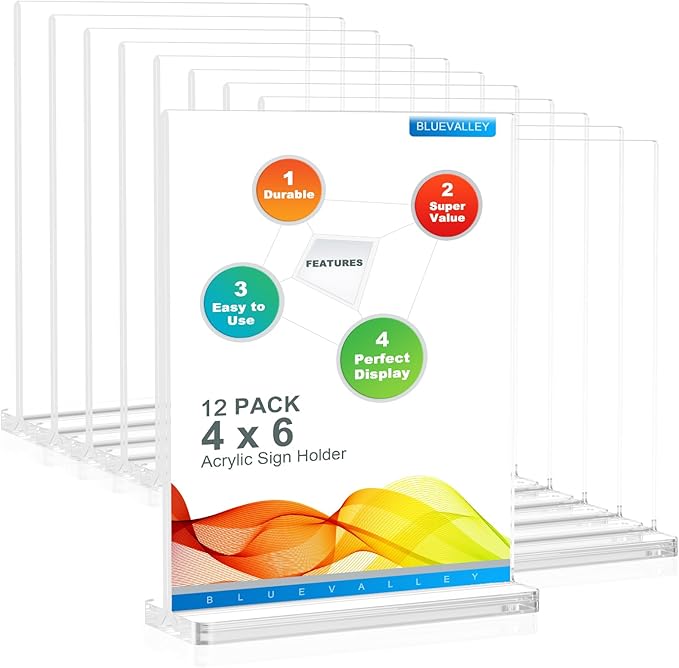 BlueValley 4x6 Acrylic Sign Holder, 12 Pack Plexiglass Picture Frame Double by BlueValley