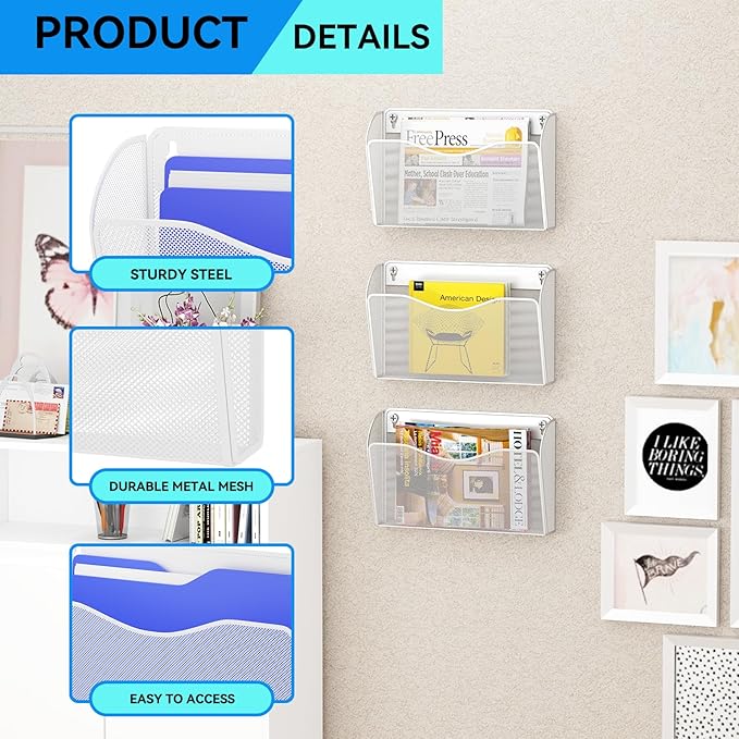 GDINDINFAN 6 Single Pocket Wall File Holder, Mesh Hanging File Folder Paper - Image 4