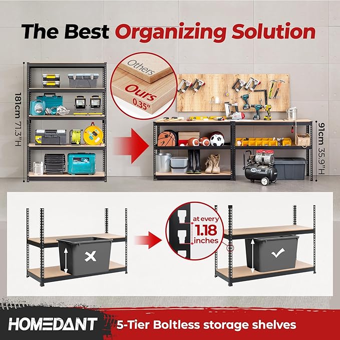 HOMEDANT 47.7" W 5 Tier Heavy Duty Garage Shelving Adjustable Metal Rack - Image 3