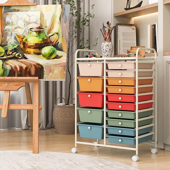 COSTWAY 15 Drawers Storage Cart, Mobile Tools Scrapbook Paper Organizer Cart - Image 7