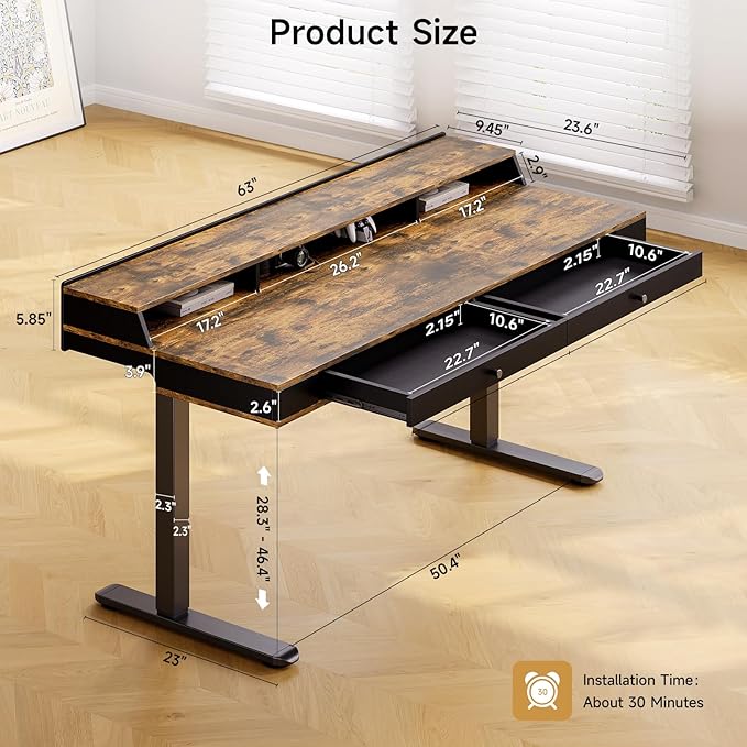 ONBRILL Standing Desk with Drawers, 63x23.6 Electric Stand Up Desk with Storage - Image 2