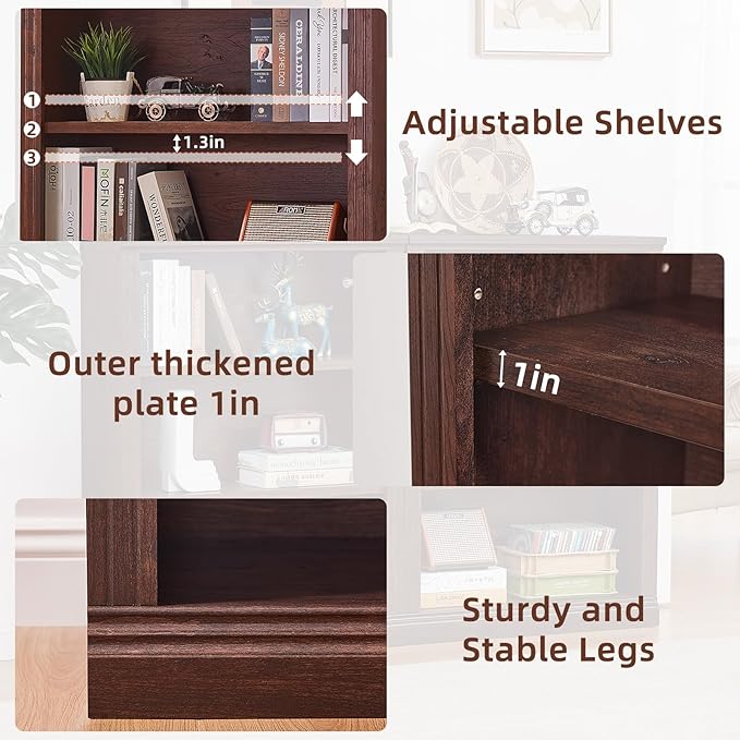 RWYHG 43" Walnut Tall Bookshelf, 3-Tier Thick Wooden Book Shelf - Image 5
