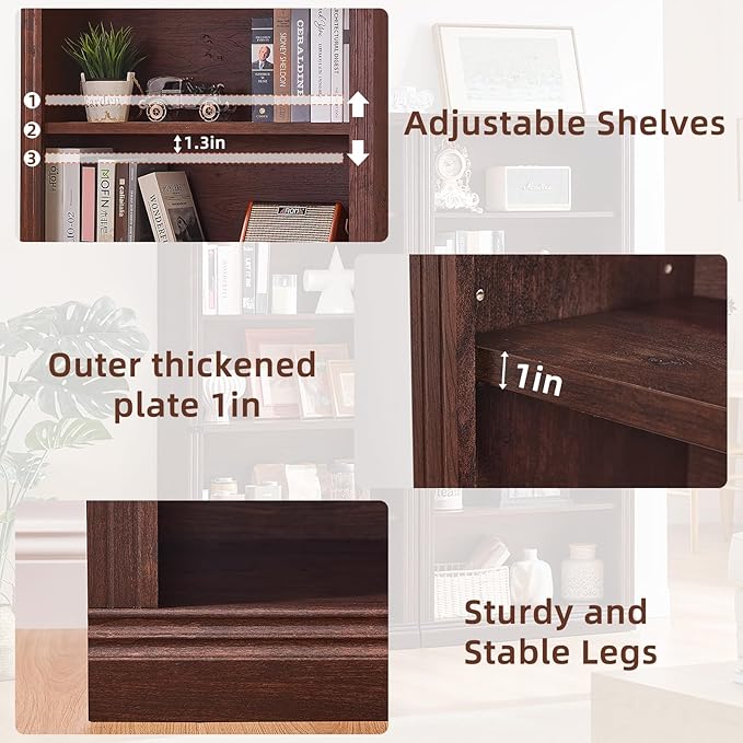 RWYHG 70" Walnut Tall Bookshelf, 5-Tier Thick Wooden Book Shelf - Image 6