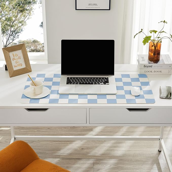 Ohocut Checkered Desk Mat, 31.5" x 15.7" Large Cute Sky Blue Aesthetic Retro - Image 3