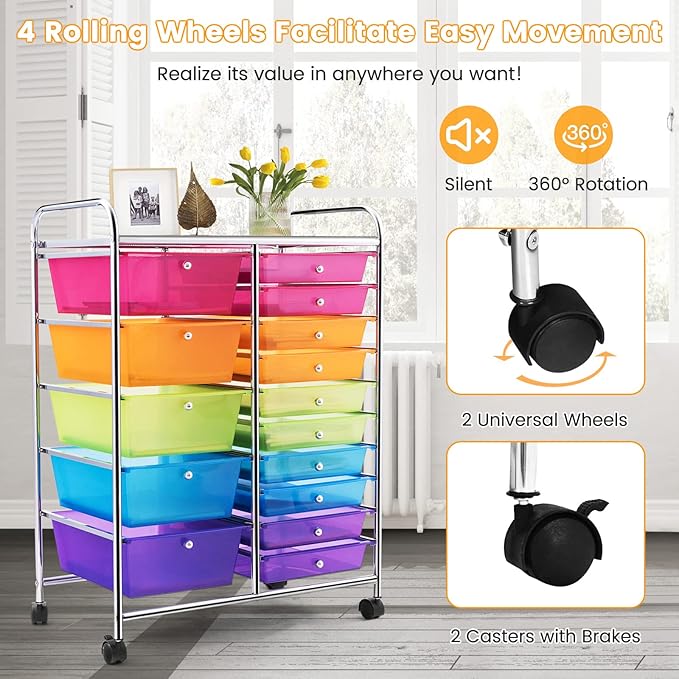 COSTWAY 15 Drawer Rolling Storage Cart, Utility Tools Paper Organizer on Wheels - Image 6