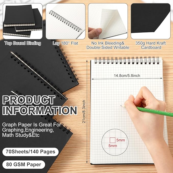 Engrowtic 8 Pack Graph Paper Spiral Notepad A5 Top Wirebound Notepad Grid - Image 2