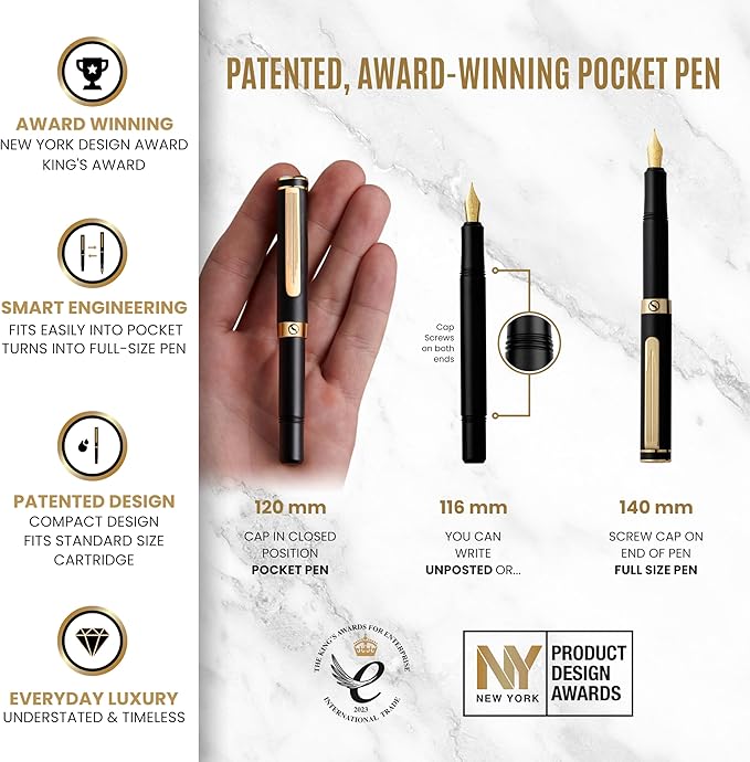 Scriveiner Luxury EDC Fountain Pen, Stunning Luxury Black Pocket Pen, Real Gold - Image 4
