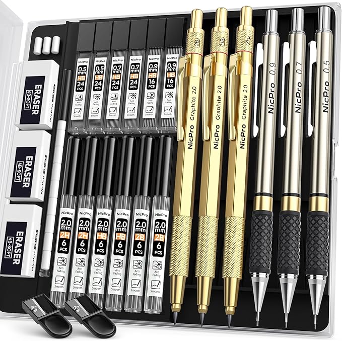 Nicpro Gold Art Mechanical Pencil Set, Metal Drafting Pencil 0.5, 0.9mm & 2mm - Image 9