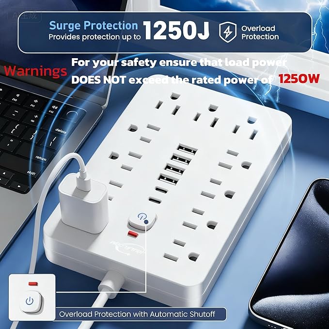 JouleLoom 10 FT Flat Plug Surge Protector Power Strip, 11 Multiple AC Outlets - Image 8