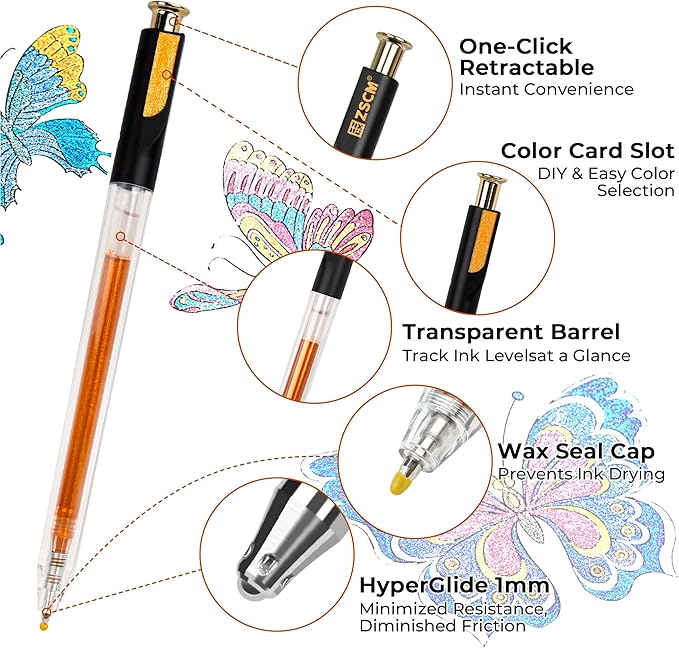 ZSCM Retractable Super Glitter Gel Pens, 12 Colors Large Capacity Metallic - Image 2